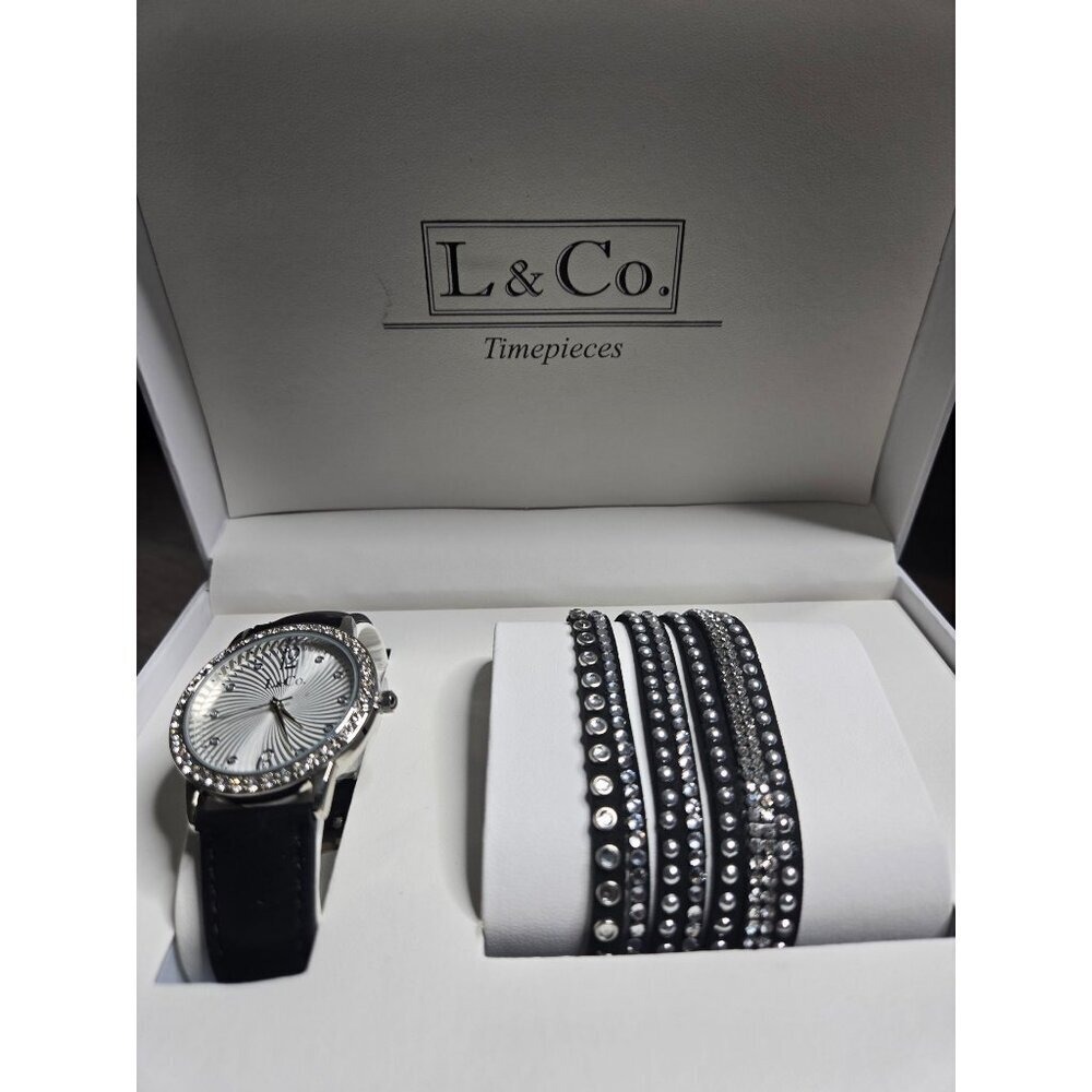 L&Co. Timepieces Womens Watch and Rhinestone Bracelet Gift Set Black Silver Tone